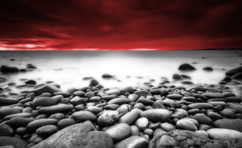 Pebbled Beach at Sunset — Red
