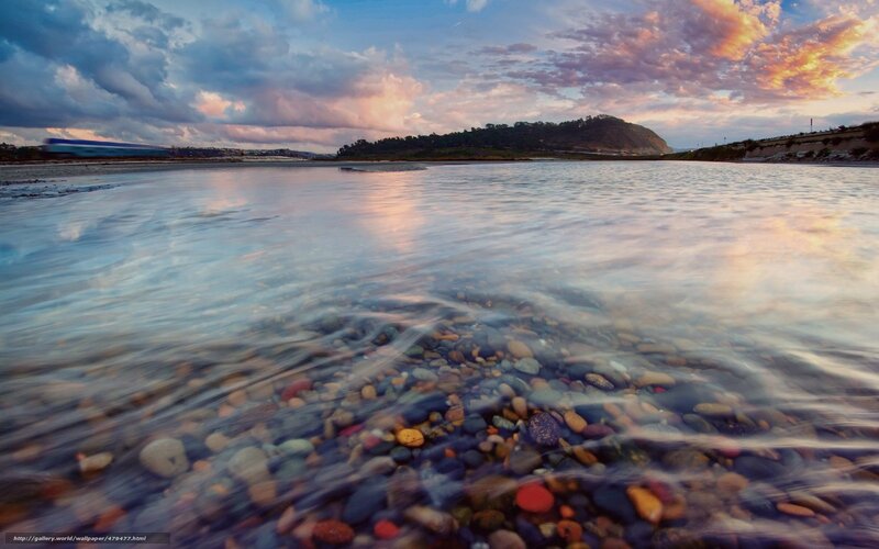 Pebbles in Shallow Water — Blue, Serene, Sunset
