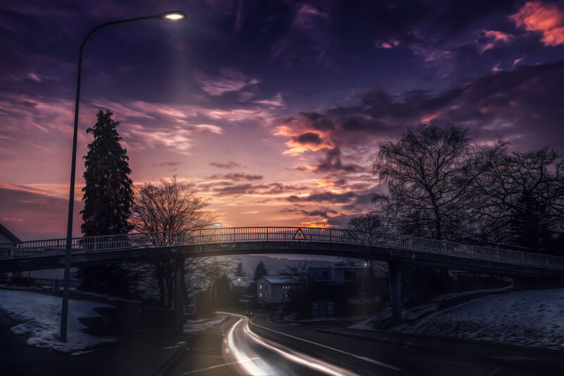 Pedestrian Bridge at Dusk — Purple