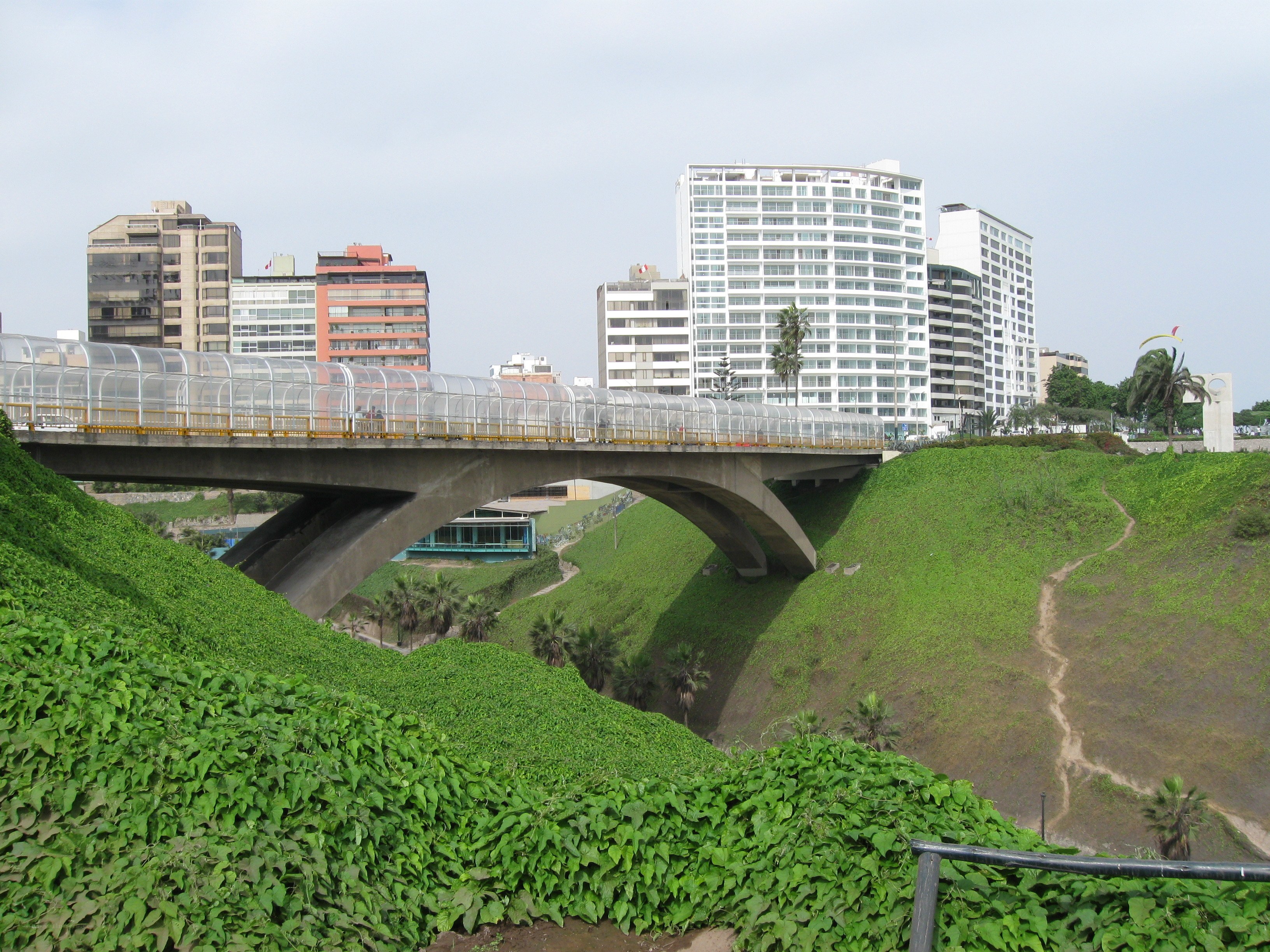 Pedestrian bridge over green hills