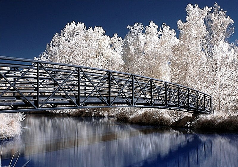 Pedestrian Bridge over River — Blue