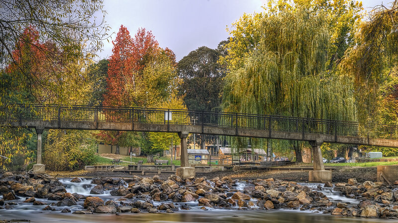 Pedestrian Bridge over River — Green, Serene