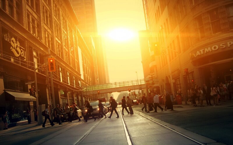 Pedestrians Crossing Street — Yellow, Dramatic, Sunset