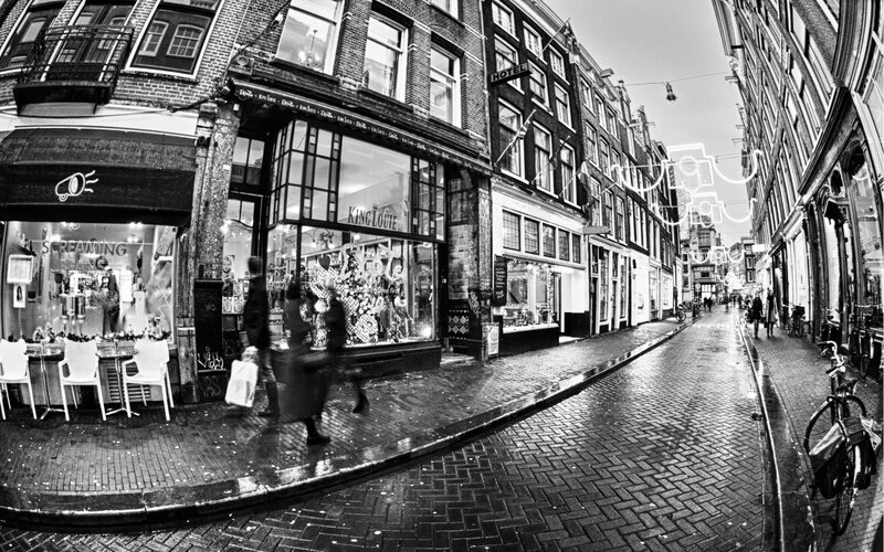Pedestrians on Wet Street — Black
