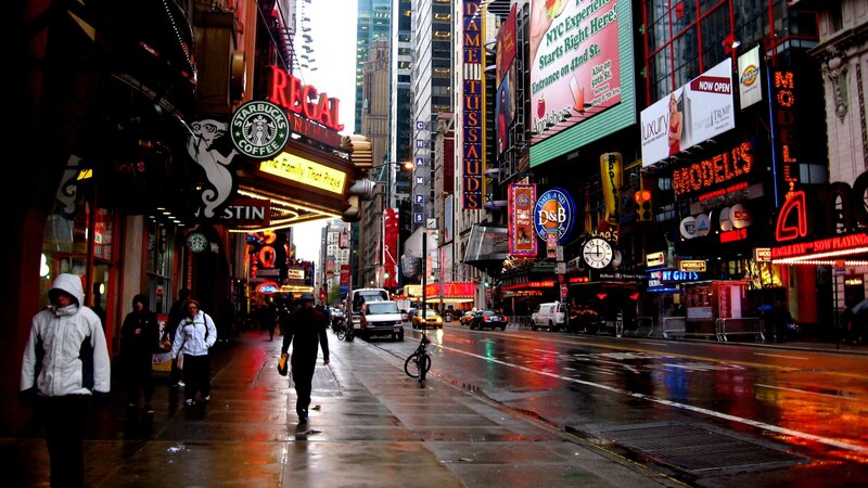 Pedestrians on Wet Street — Red