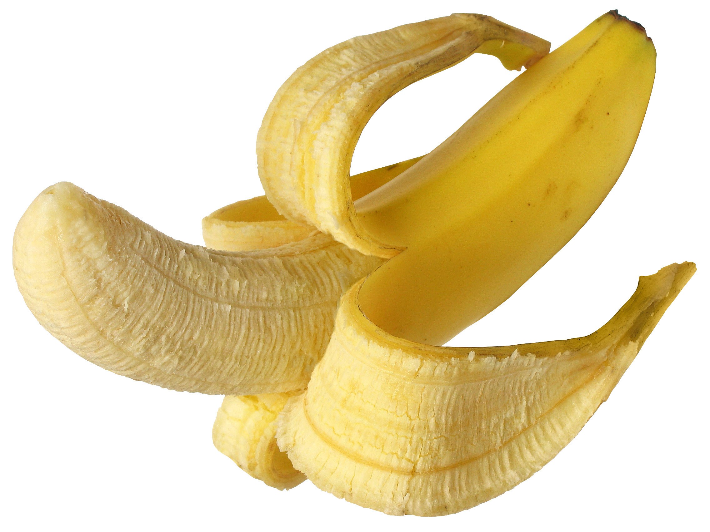 peeled banana on white background