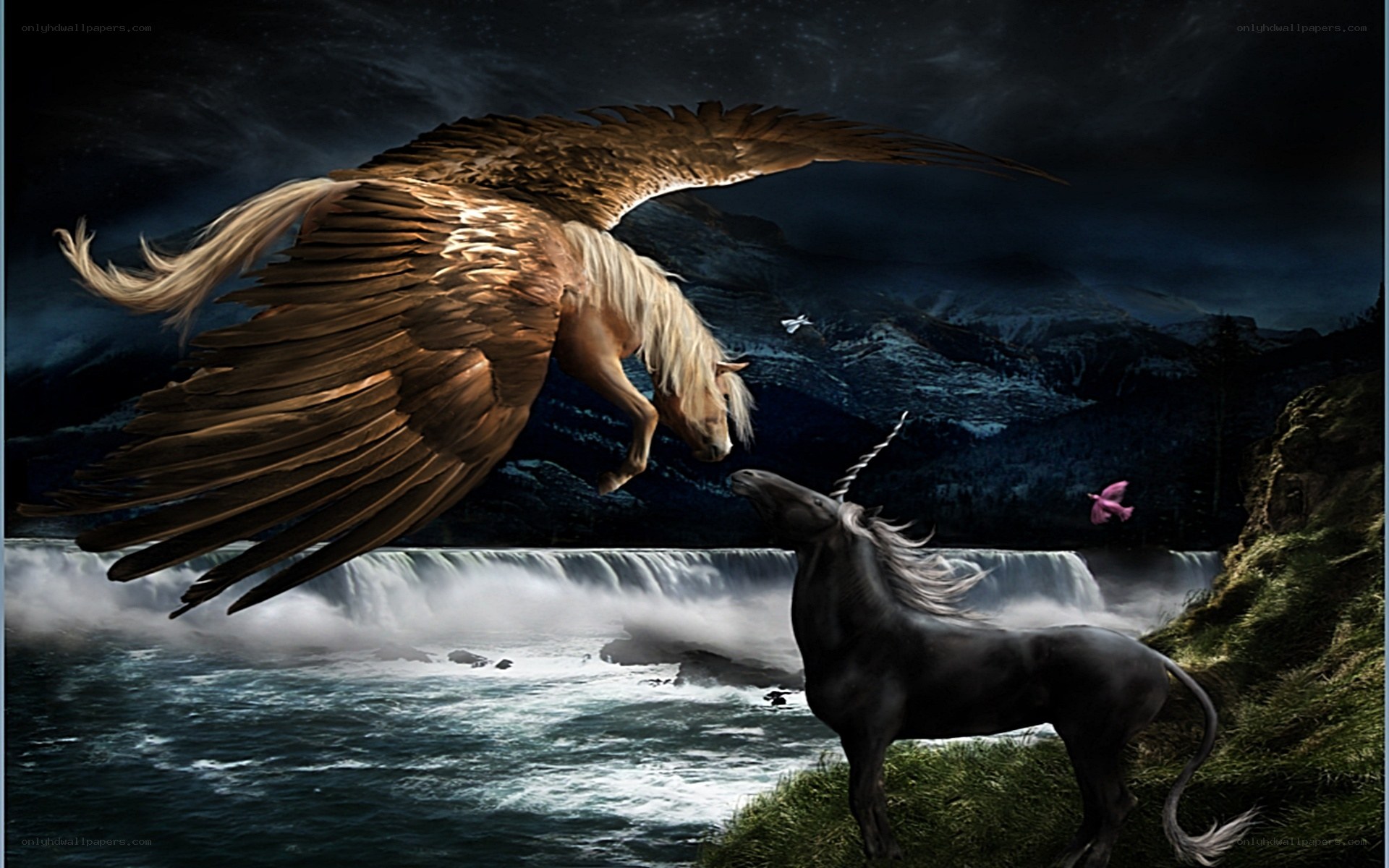 Pegasus and unicorn at waterfall