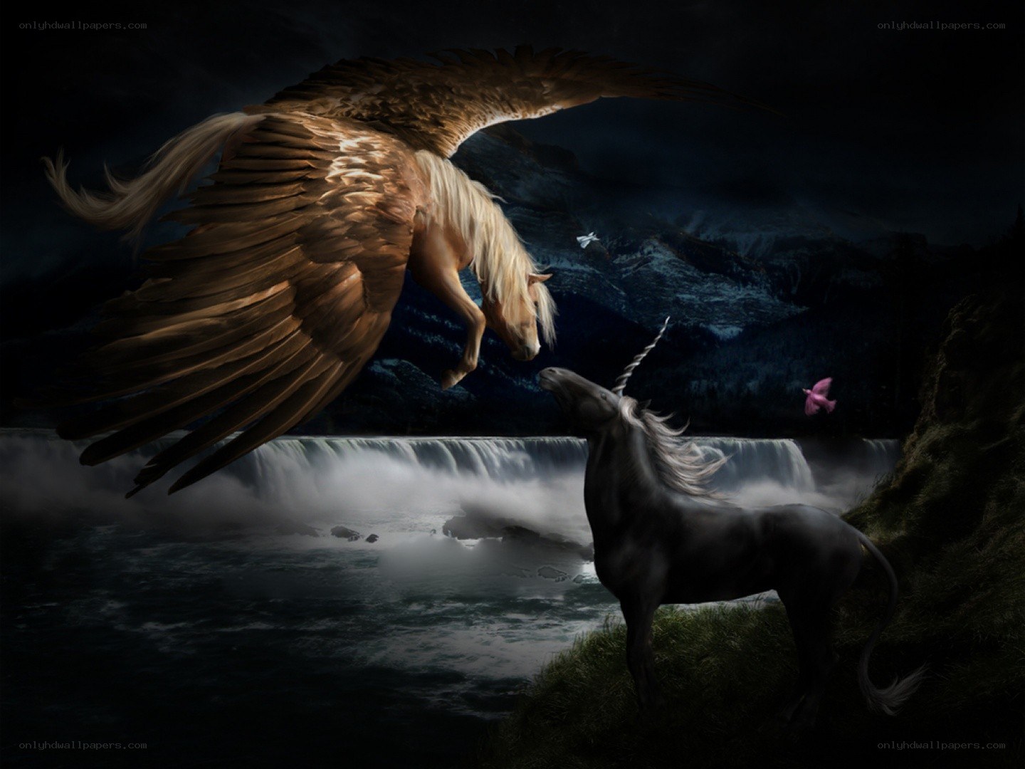 Pegasus and unicorn at waterfall