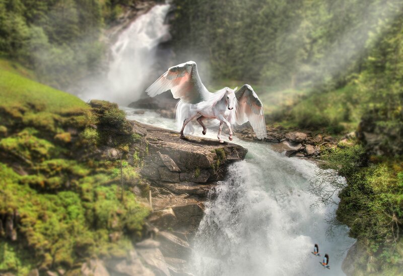 Pegasus at a waterfall