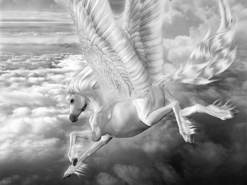 Pegasus flying above clouds