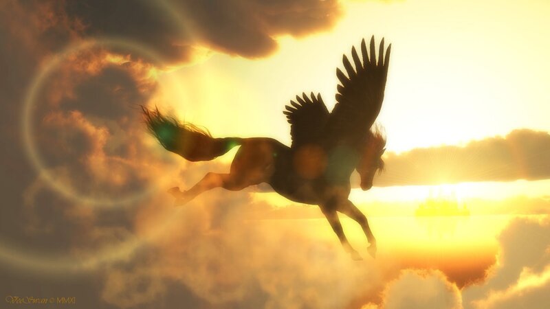 Pegasus Flying at Sunset