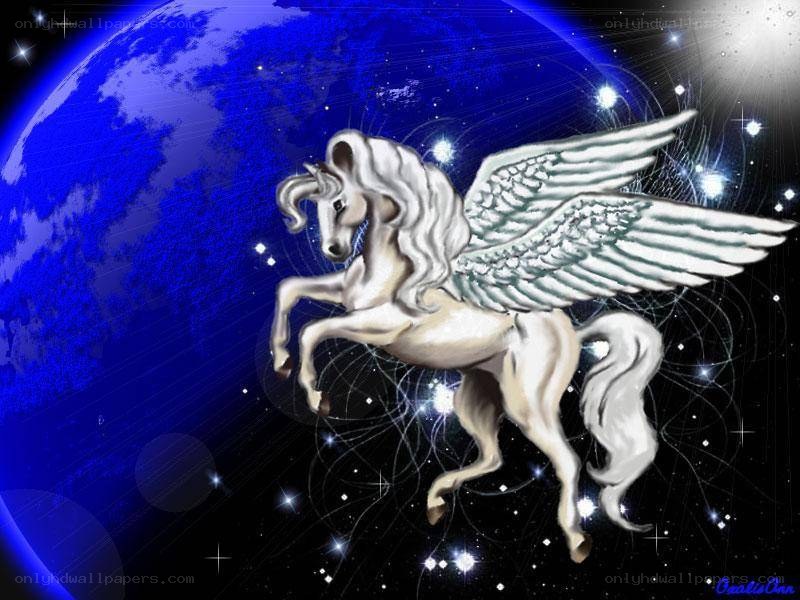 Pegasus flying over a blue planet