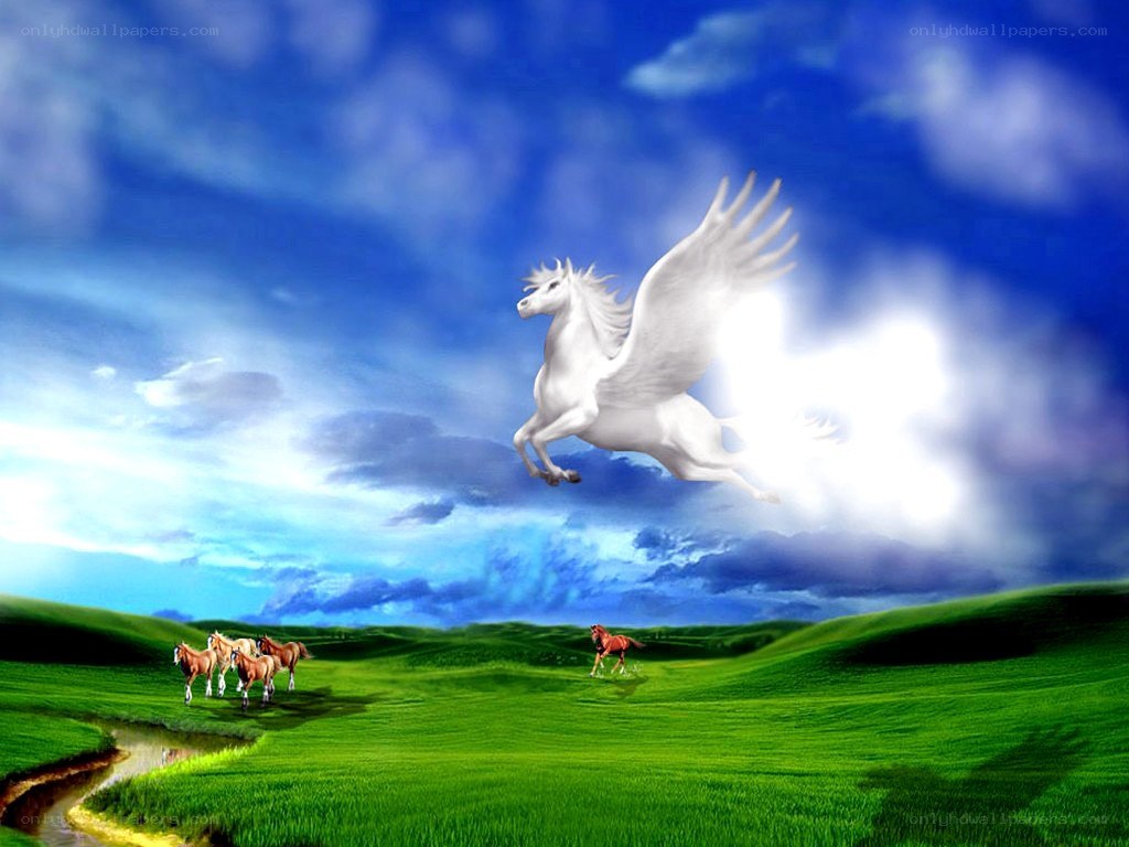 Pegasus flying over green fields