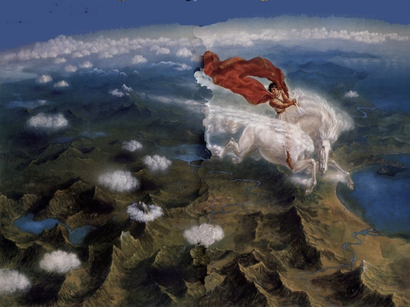 Pegasus flying over mountains