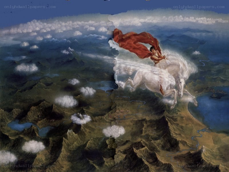 Pegasus flying over mountains