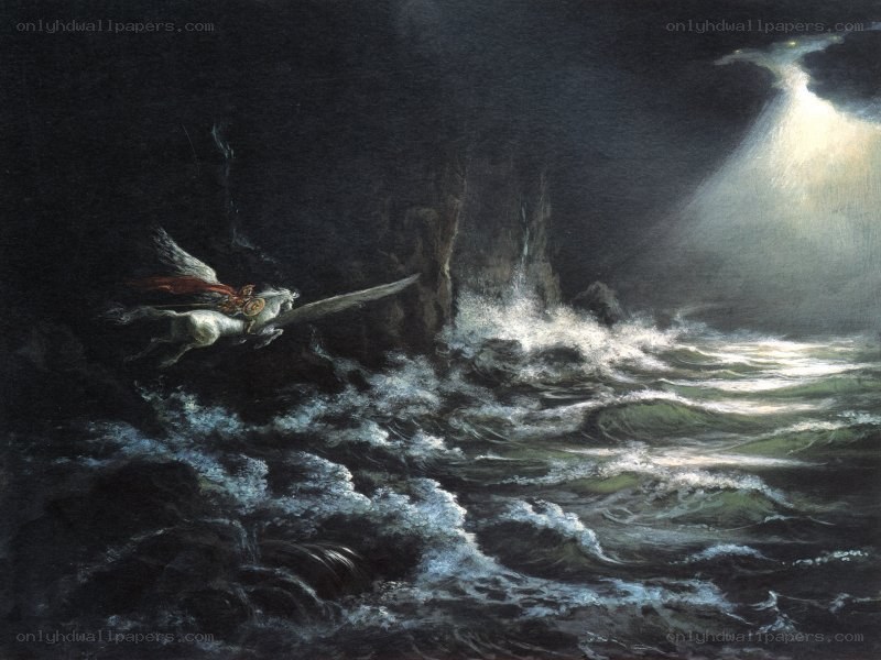 Pegasus flying over stormy sea