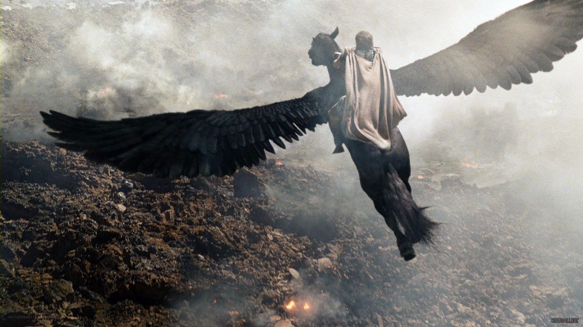 Pegasus flying over volcanic landscape