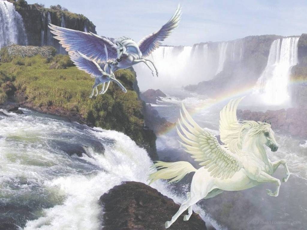 Pegasus flying over waterfalls