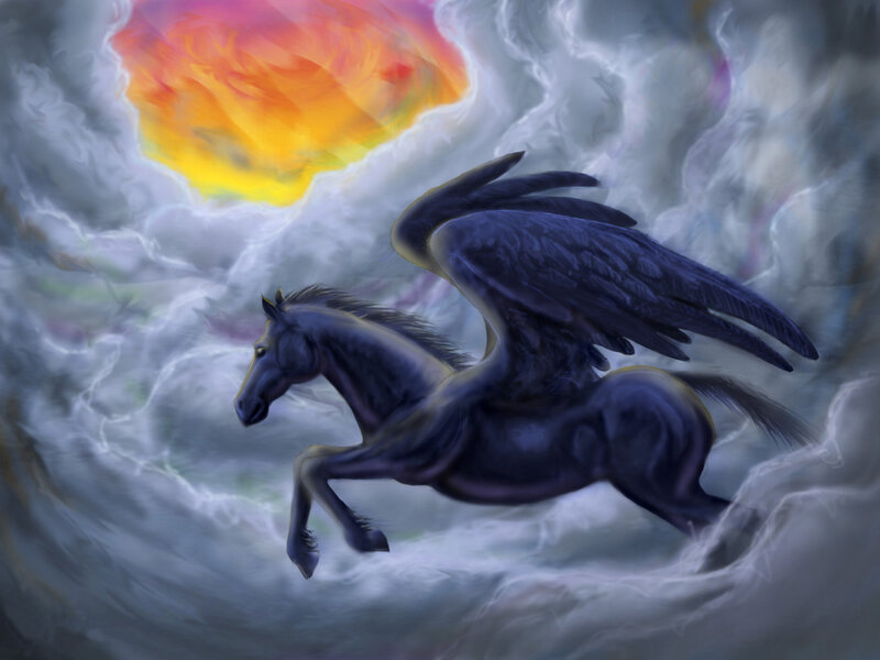 Pegasus flying through storm