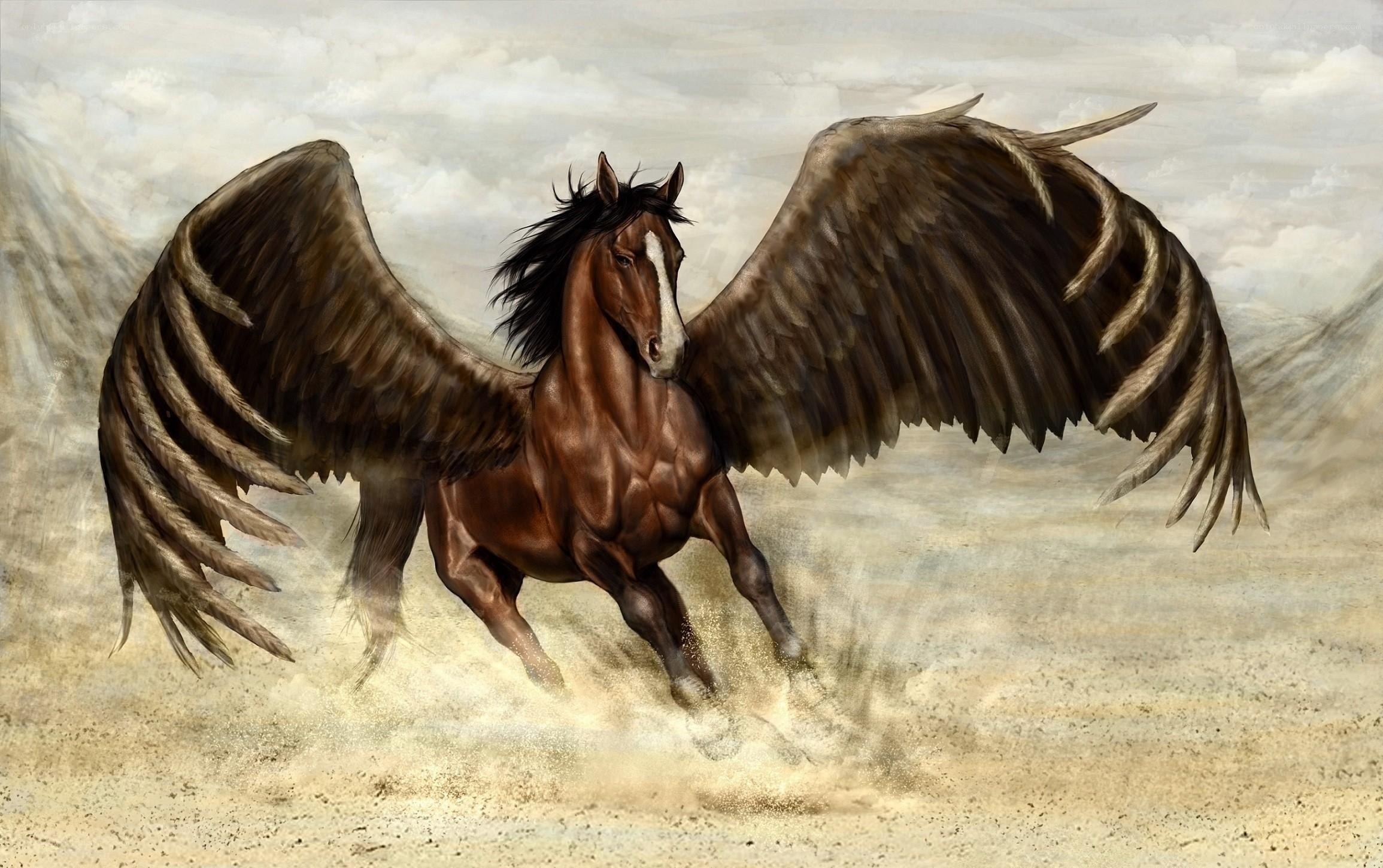 Pegasus galloping in desert