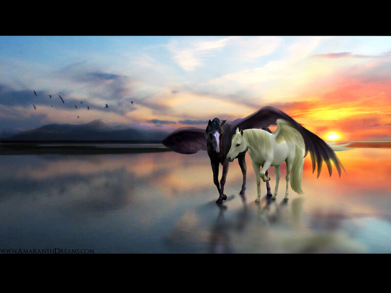 Pegasus horses at sunset