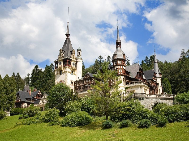 Peleș Castle — Green, Serene, Afternoon, Photograph, Towers