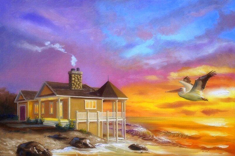Pelican Flying over House
