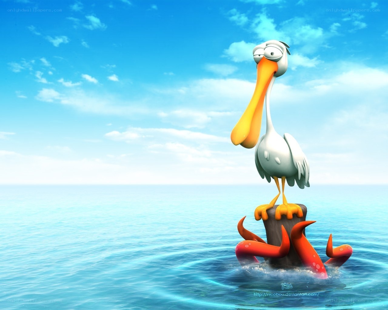 Pelican on a post in the ocean