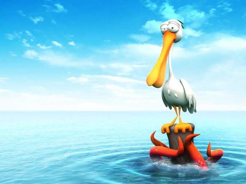 Pelican on octopus in ocean