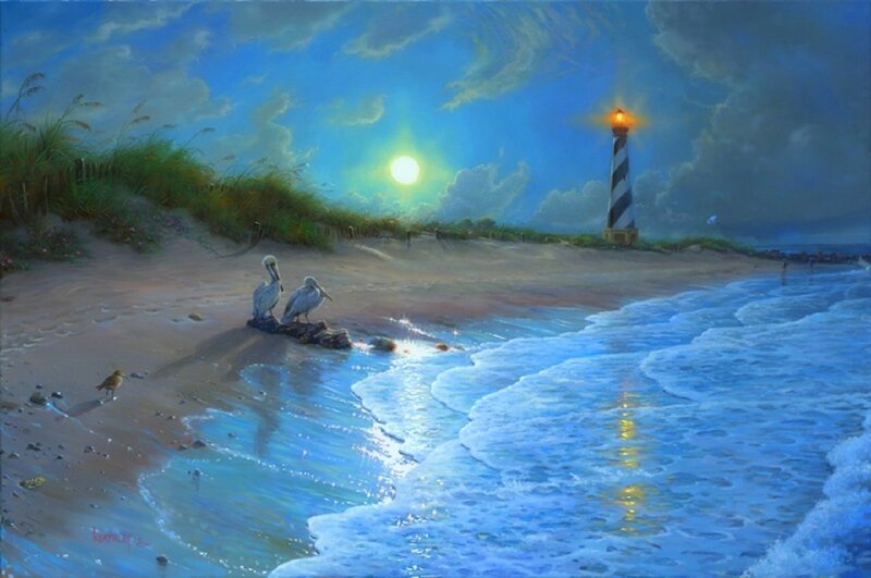 Pelicans on Beach — Blue, Serene, Night