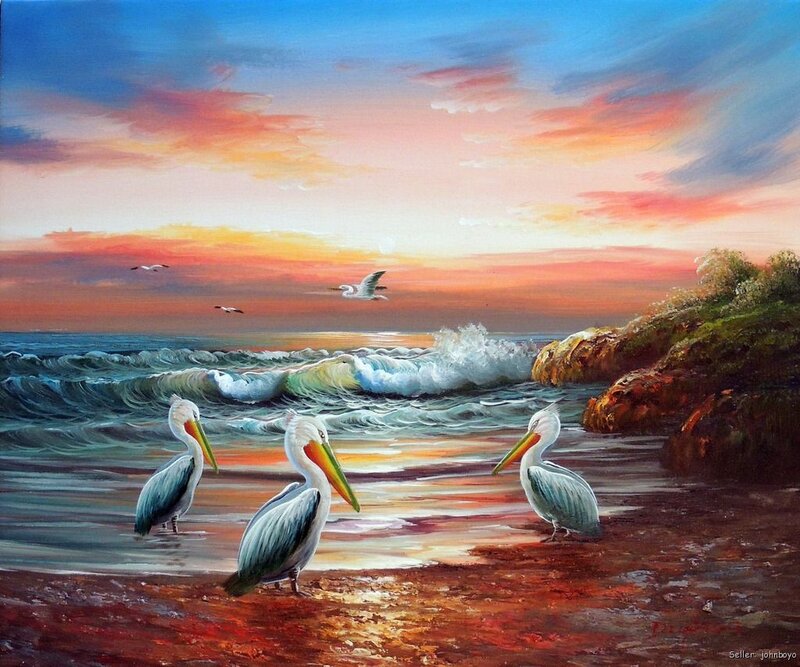 Pelicans on Beach — Blue, Serene