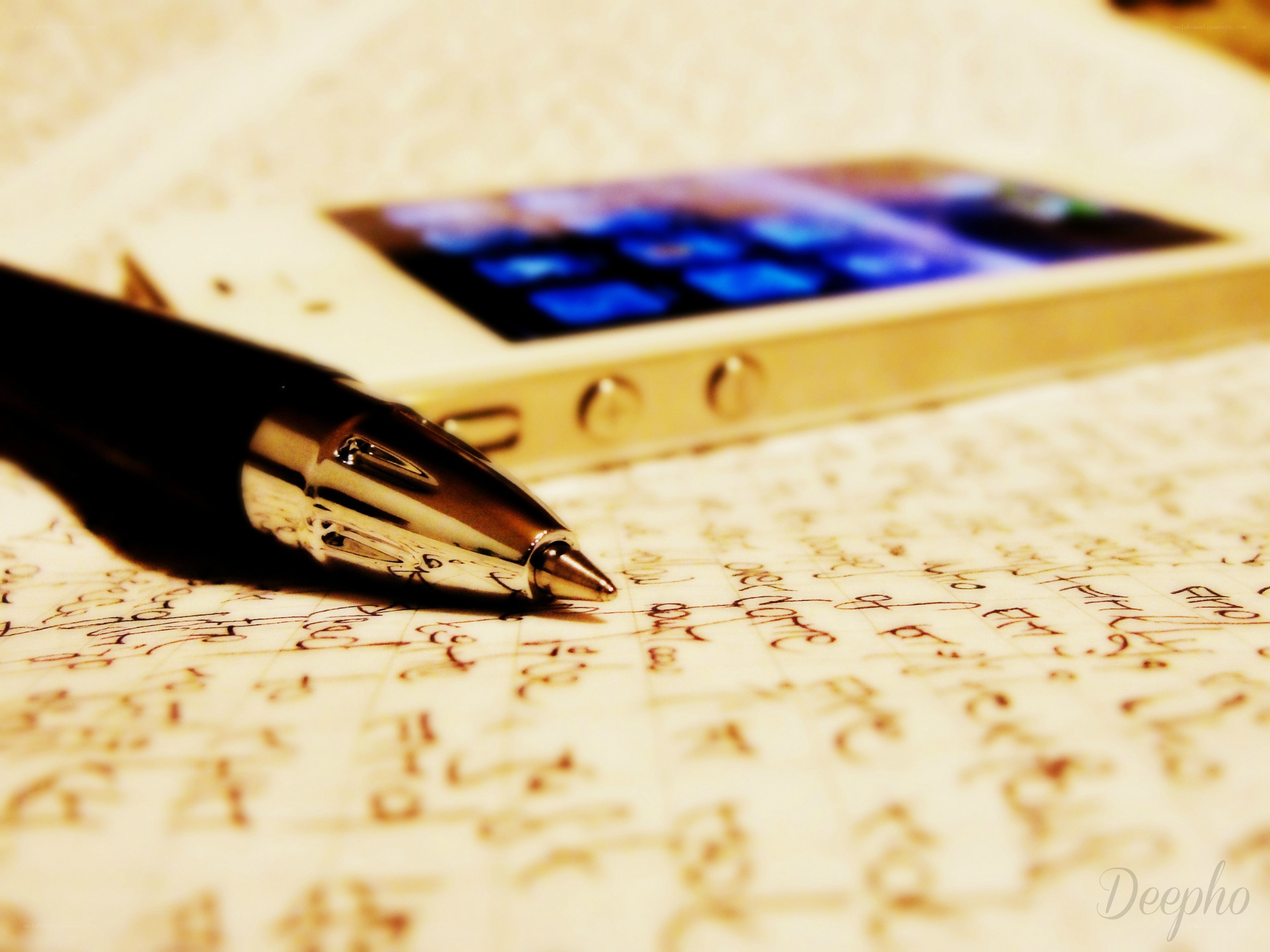 Pen on handwritten notes with phone