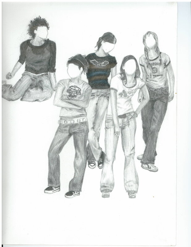 pencil drawing of five people