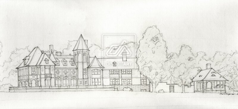 pencil sketch of a grand house