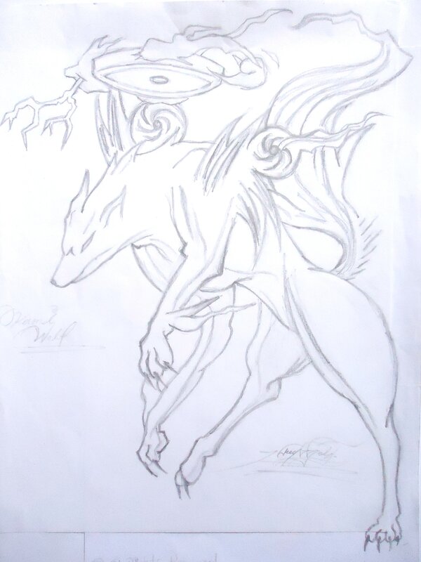 pencil sketch of a mythical wolf
