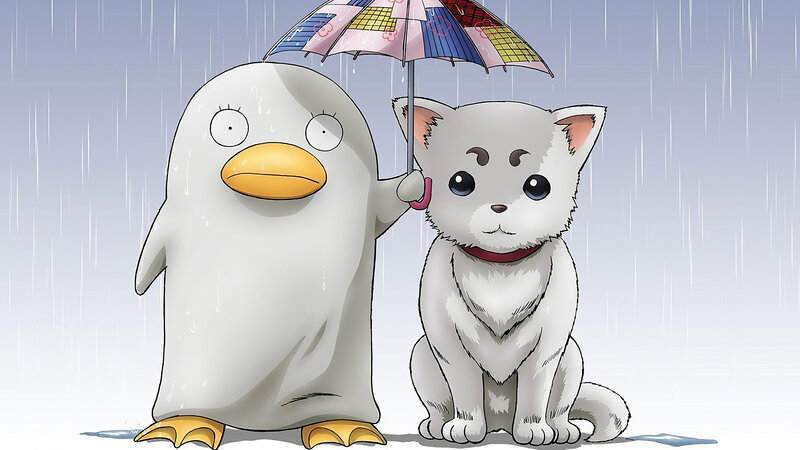 Penguin and Cat under Umbrella — White
