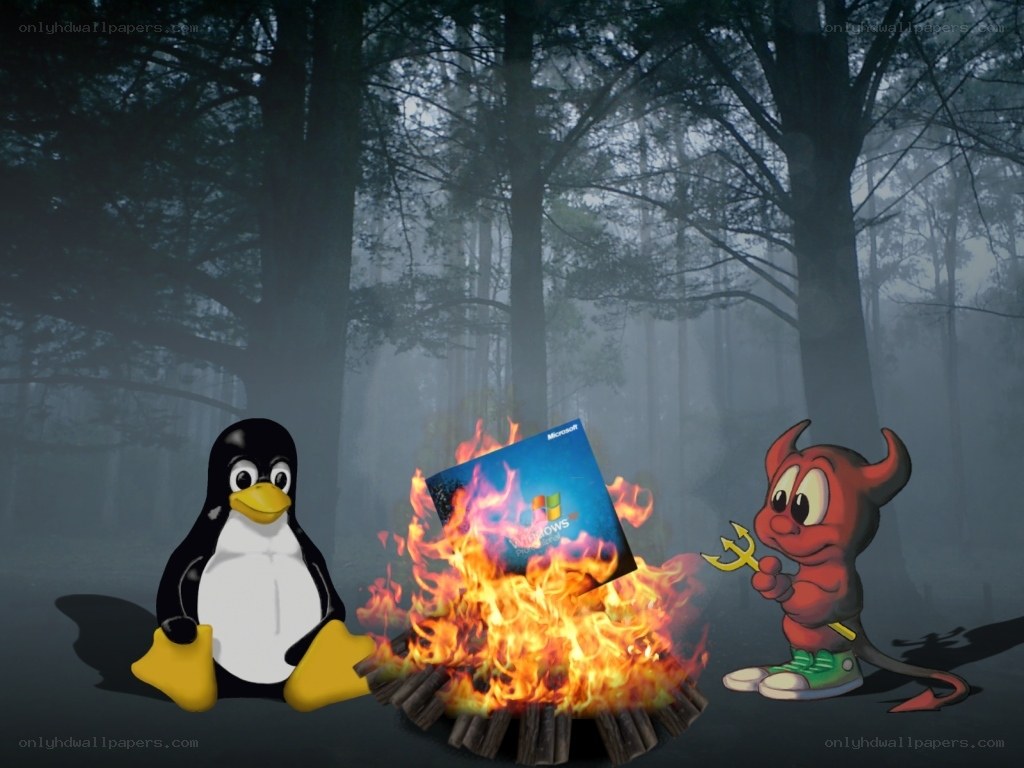 Penguin and devil by campfire
