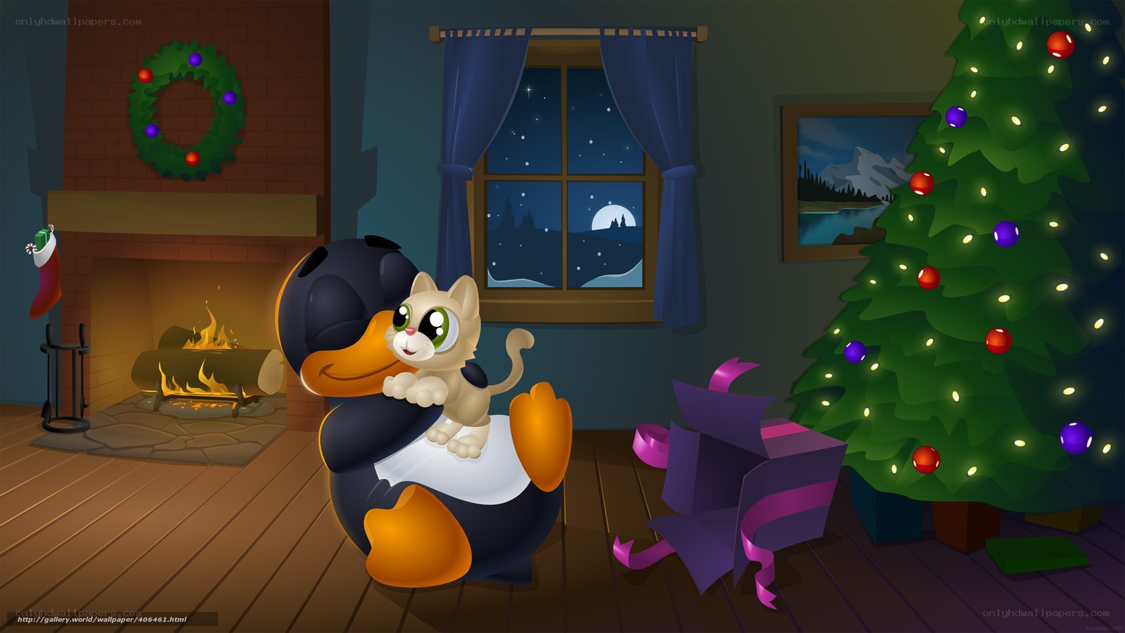 Penguin and kitten by Christmas tree