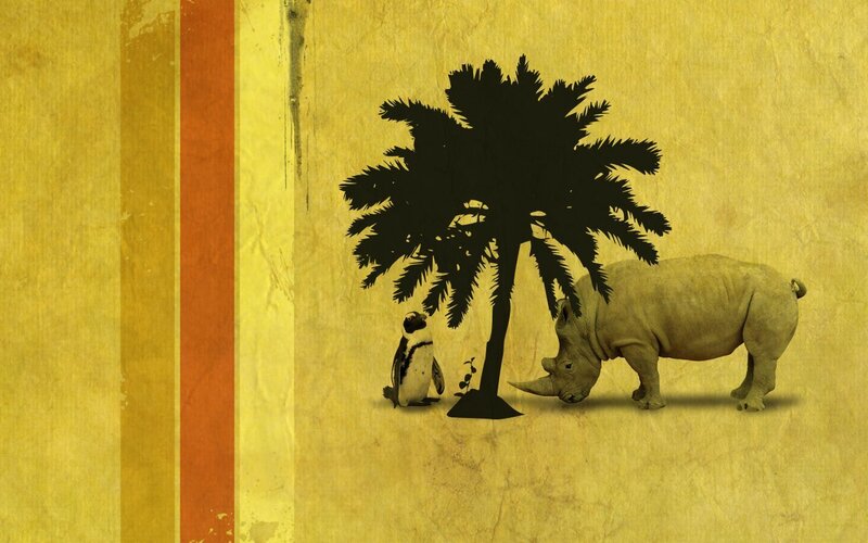penguin and rhino under palm