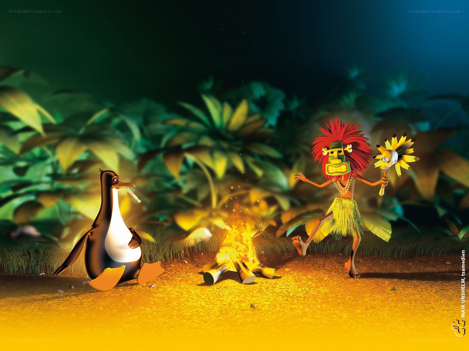 Penguin and tribal dancer at campfire