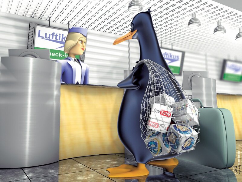 Penguin at airport check-in