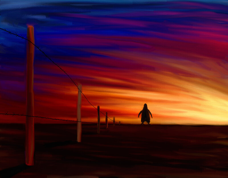 Penguin at sunset