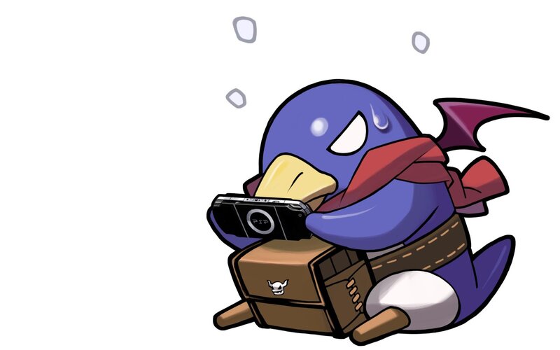 penguin character with handheld console
