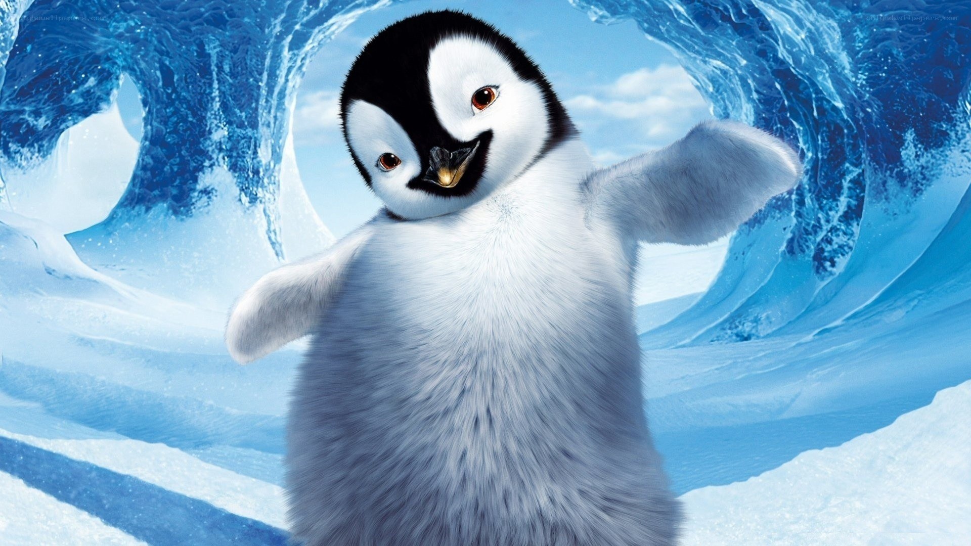 penguin chick in icy tunnel