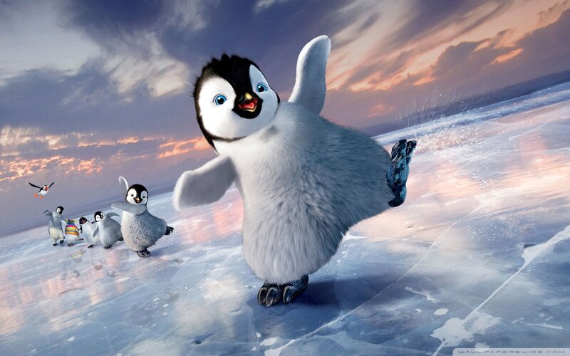 Penguin Chick on Ice — White, Playful, Sunset
