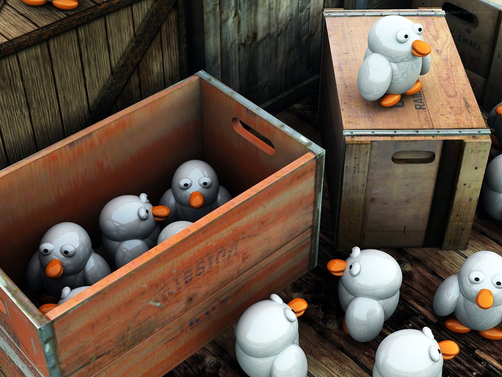 Penguin figurines in crates