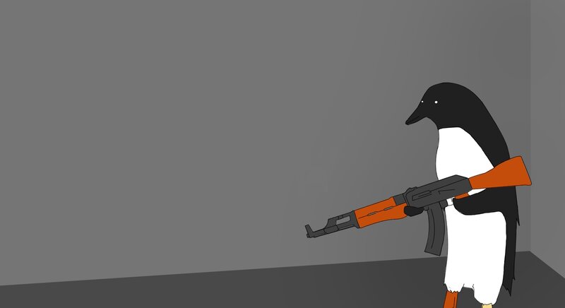 Penguin Holding Rifle — Gray, Serious