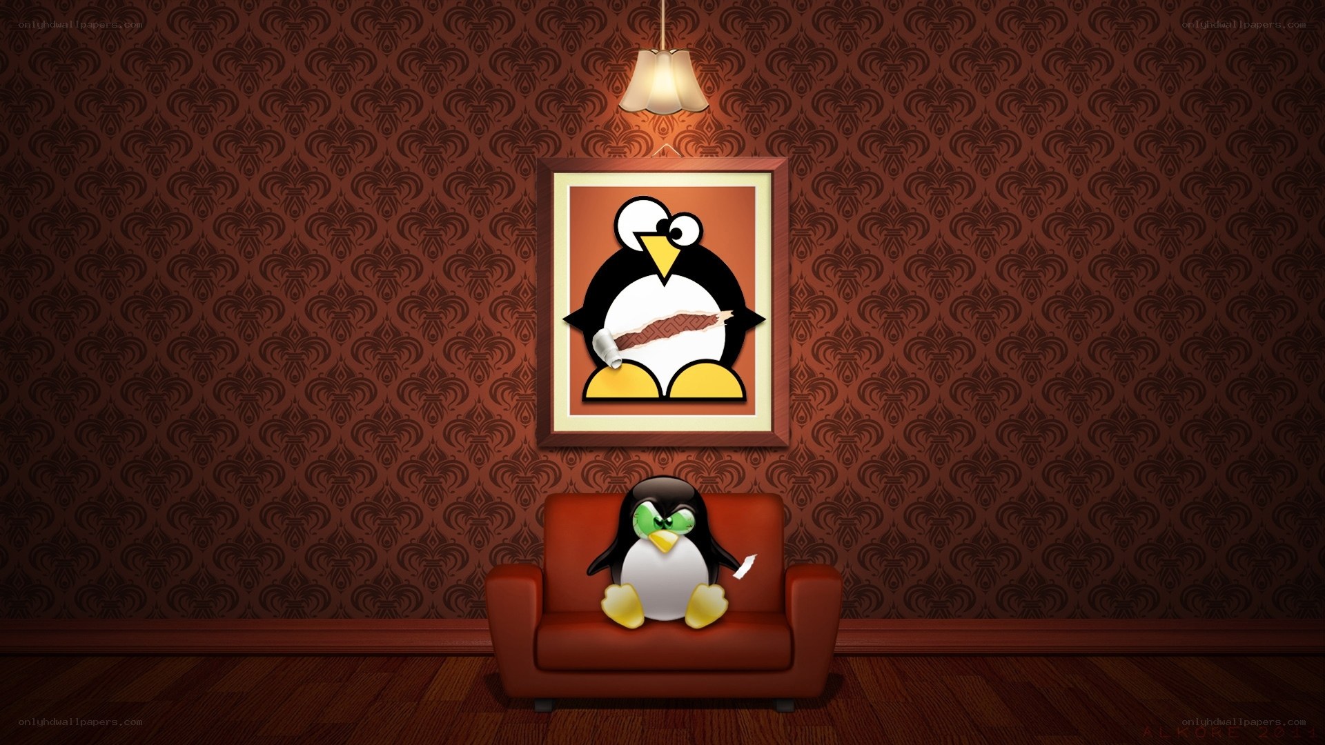 Penguin in a cozy room