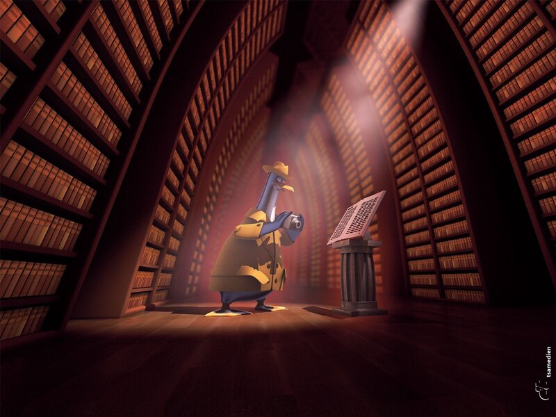 penguin in a library