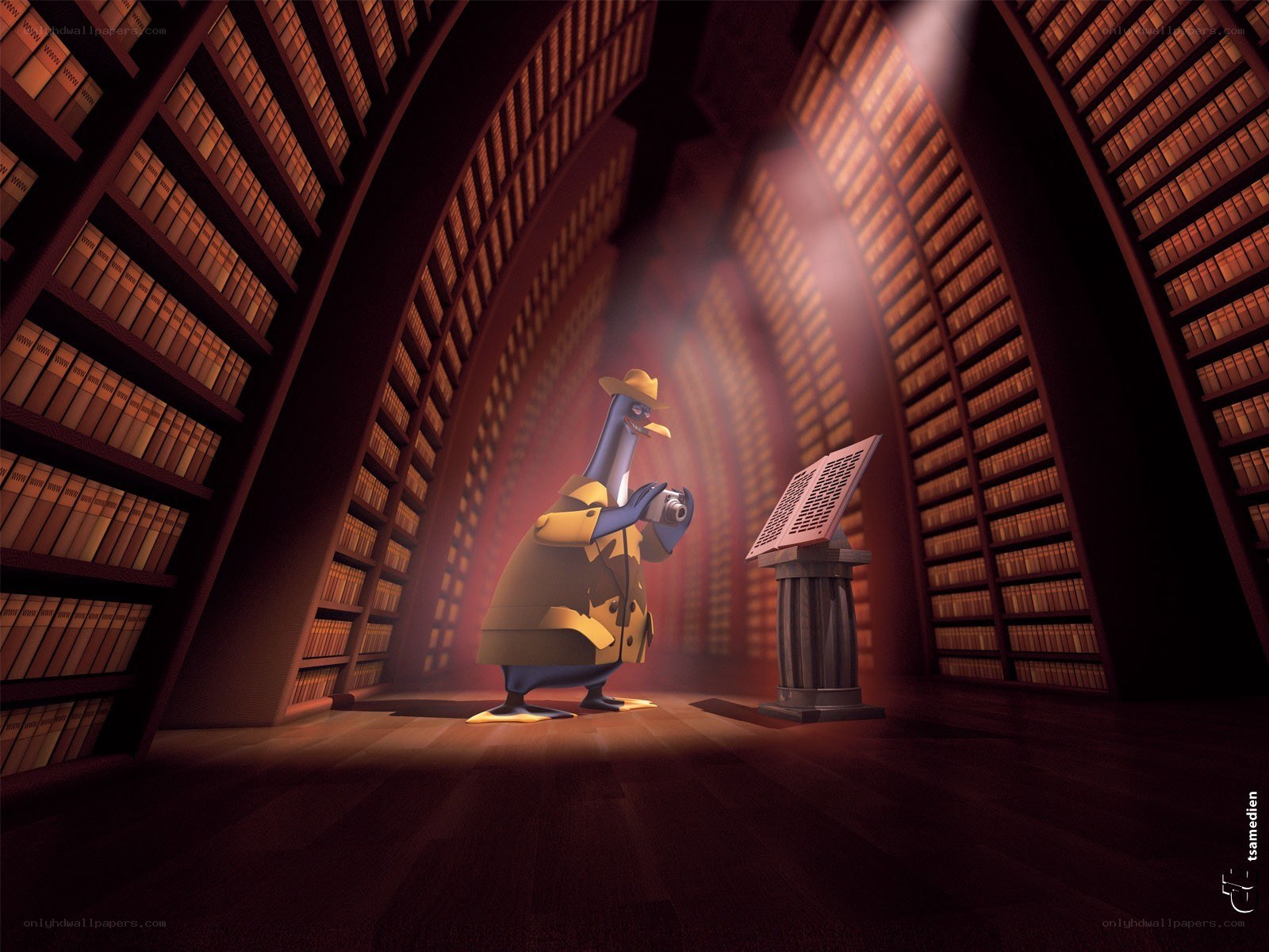 penguin in a library